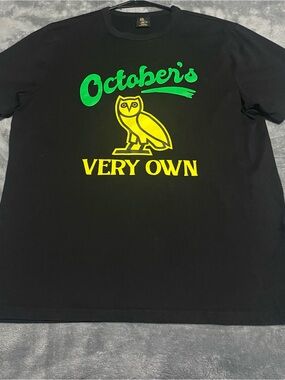 OVO Black Tee with Green "October's" Script & Yellow Owl Logo
